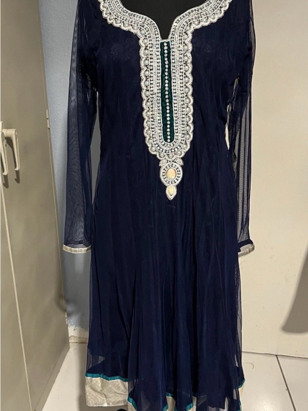 Navy Long-Sleeve Women's Kimono with Silver Embellished Neckline
